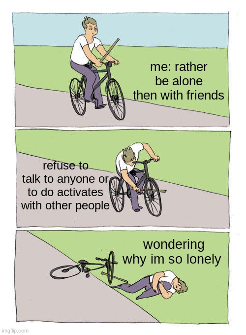 why do i do this | me: rather be alone then with friends; refuse to talk to anyone or to do activates with other people; wondering why im so lonely | image tagged in memes,bike fall | made w/ Imgflip meme maker