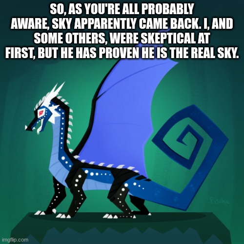 I asked him a question only the real sky could answer, and he answered correctly. | SO, AS YOU'RE ALL PROBABLY AWARE, SKY APPARENTLY CAME BACK. I, AND SOME OTHERS, WERE SKEPTICAL AT FIRST, BUT HE HAS PROVEN HE IS THE REAL SKY. | image tagged in survivor template | made w/ Imgflip meme maker