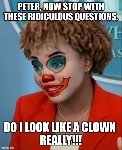 Clown Karine | PETER, NOW STOP WITH THESE RIDICULOUS QUESTIONS. DO I LOOK LIKE A CLOWN 
REALLY!!! | image tagged in clown karine | made w/ Imgflip meme maker