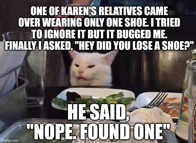 ONE OF KAREN'S RELATIVES CAME OVER WEARING ONLY ONE SHOE. I TRIED TO IGNORE IT BUT IT BUGGED ME. FINALLY I ASKED, "HEY DID YOU LOSE A SHOE?"; HE SAID, "NOPE. FOUND ONE" | image tagged in smudge the cat,funny memes | made w/ Imgflip meme maker