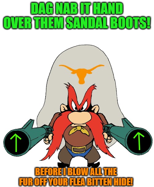 DAG NAB IT HAND OVER THEM SANDAL BOOTS! BEFORE I BLOW ALL THE FUR OFF YOUR FLEA BITTEN HIDE! | image tagged in sam | made w/ Imgflip meme maker