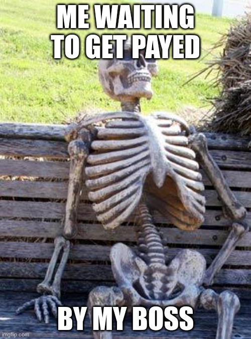 Waiting Skeleton | ME WAITING TO GET PAYED; BY MY BOSS | image tagged in memes,waiting skeleton | made w/ Imgflip meme maker