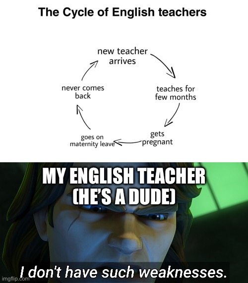 This stereotype is so funny to me since my English teacher is a man | MY ENGLISH TEACHER
(HE’S A DUDE) | image tagged in i don't have such weaknesses anakin,school,school memes,english,english class,pregnant english teacher | made w/ Imgflip meme maker