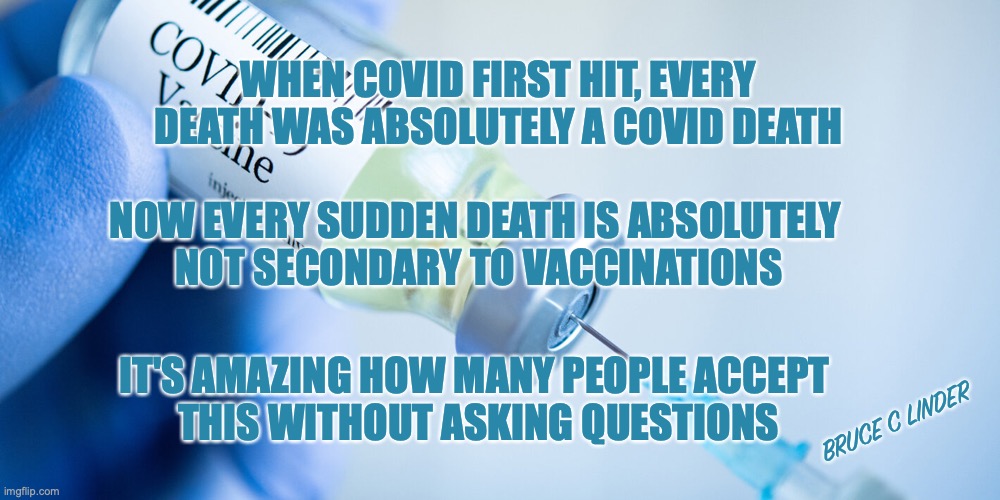 Covid Deaths |  WHEN COVID FIRST HIT, EVERY DEATH WAS ABSOLUTELY A COVID DEATH; NOW EVERY SUDDEN DEATH IS ABSOLUTELY 
NOT SECONDARY TO VACCINATIONS; IT'S AMAZING HOW MANY PEOPLE ACCEPT 
THIS WITHOUT ASKING QUESTIONS; BRUCE C LINDER | image tagged in covid vaccine,death,sudden death,fear,npc | made w/ Imgflip meme maker