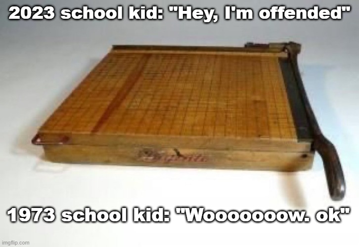 IT WAS REAL .... | 2023 school kid: "Hey, I'm offended"; 1973 school kid: "Wooooooow. ok" | image tagged in offended,1970s,kids,adult | made w/ Imgflip meme maker