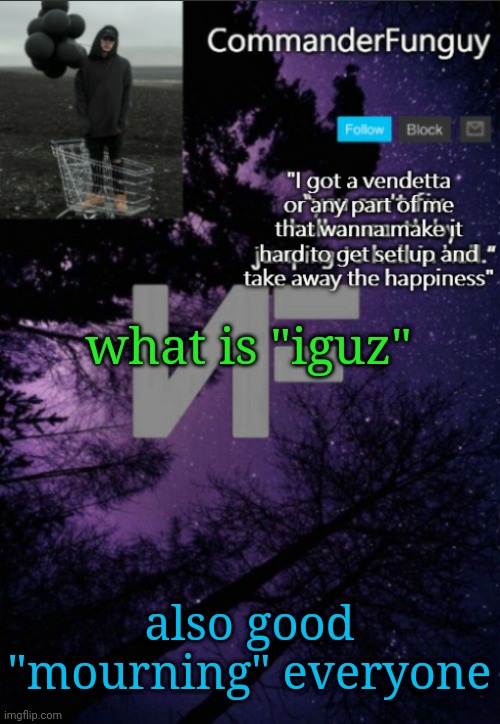 Lol | what is "iguz"; also good "mourning" everyone | image tagged in commanderfunguy nf template thx yachi | made w/ Imgflip meme maker