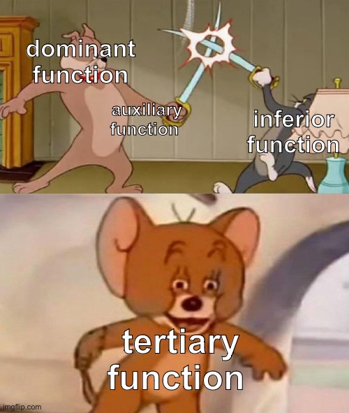 mbti cognitive struggles in a nutshell… | dominant function; auxiliary function; inferior function; tertiary function | image tagged in tom and jerry swordfight,mbti,memes,myers briggs | made w/ Imgflip meme maker