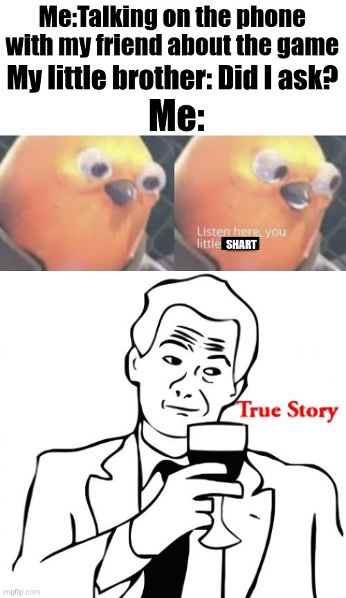 This makes me so mad | Me:Talking on the phone with my friend about the game; My little brother: Did I ask? Me:; SHART | image tagged in listen here you little shit bird,memes,true story | made w/ Imgflip meme maker