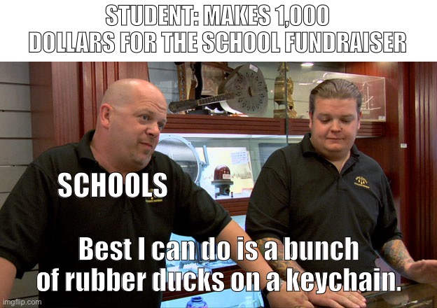 Has anyone else’s school done this? Or just mine? | STUDENT: MAKES 1,000 DOLLARS FOR THE SCHOOL FUNDRAISER; SCHOOLS; Best I can do is a bunch of rubber ducks on a keychain. | image tagged in best i can do | made w/ Imgflip meme maker