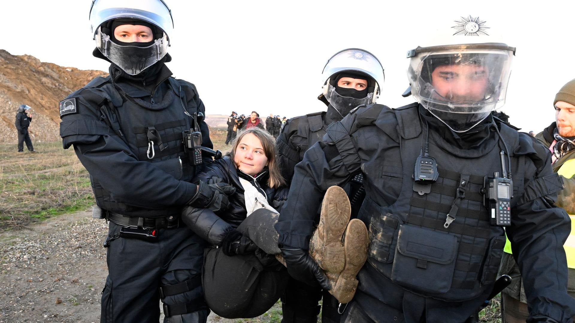 High Quality Greta Thumberg Carried by Policemen Blank Meme Template