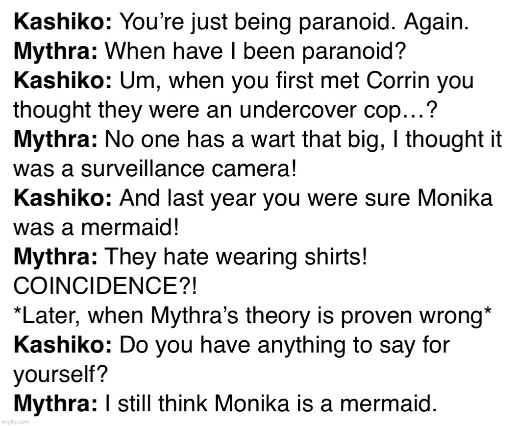 I rember that one time Tiffla called Sayori and Sephiroth mermaids for having full clothes on underwater | made w/ Imgflip meme maker