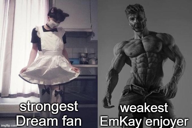 Strongest Fan VS Weakest Fan | strongest Dream fan; weakest EmKay enjoyer | image tagged in strongest fan vs weakest fan | made w/ Imgflip meme maker