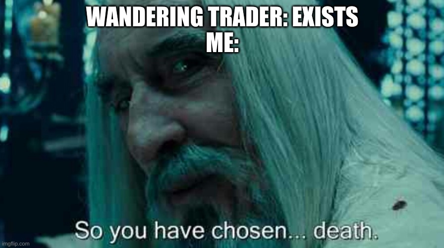 So you have chosen death | WANDERING TRADER: EXISTS
ME: | image tagged in so you have chosen death | made w/ Imgflip meme maker