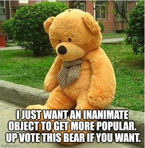 teddy bear | I JUST WANT AN INANIMATE OBJECT TO GET MORE POPULAR.  UP VOTE THIS BEAR IF YOU WANT. | image tagged in teddy bear | made w/ Imgflip meme maker