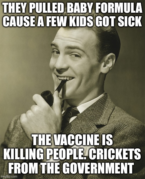 Smug | THEY PULLED BABY FORMULA CAUSE A FEW KIDS GOT SICK THE VACCINE IS KILLING PEOPLE. CRICKETS FROM THE GOVERNMENT | image tagged in smug | made w/ Imgflip meme maker
