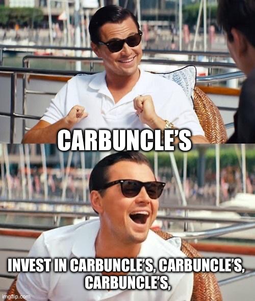Leonardo Dicaprio Wolf Of Wall Street | CARBUNCLE’S; INVEST IN CARBUNCLE’S, CARBUNCLE’S, 
CARBUNCLE’S, | image tagged in memes,leonardo dicaprio wolf of wall street | made w/ Imgflip meme maker
