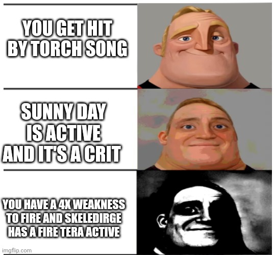 Mr Incredible Becoming Uncanny (shortened) | YOU GET HIT BY TORCH SONG SUNNY DAY IS ACTIVE AND IT'S A CRIT YOU HAVE A 4X WEAKNESS TO FIRE AND SKELEDIRGE HAS A FIRE TERA ACTIVE | image tagged in mr incredible becoming uncanny shortened | made w/ Imgflip meme maker