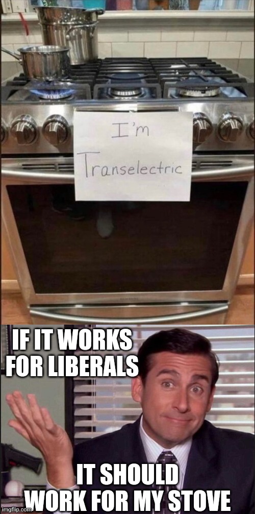 MY STOVE IS TRANS | IF IT WORKS FOR LIBERALS; IT SHOULD WORK FOR MY STOVE | image tagged in michael scott,electric stove,liberals,transgender | made w/ Imgflip meme maker