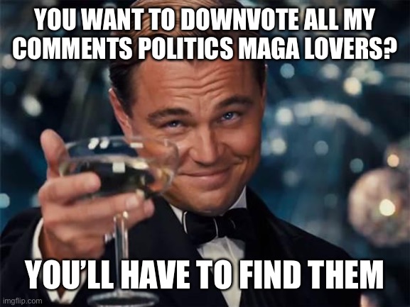wolf of wall street | YOU WANT TO DOWNVOTE ALL MY COMMENTS POLITICS MAGA LOVERS? YOU’LL HAVE TO FIND THEM | image tagged in wolf of wall street | made w/ Imgflip meme maker