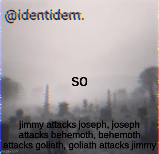 fish tang | so; jimmy attacks joseph, joseph attacks behemoth, behemoth attacks goliath, goliath attacks jimmy | made w/ Imgflip meme maker