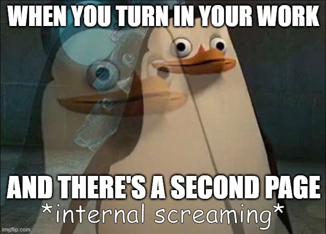 Private Internal Screaming | WHEN YOU TURN IN YOUR WORK; AND THERE'S A SECOND PAGE | image tagged in private internal screaming | made w/ Imgflip meme maker