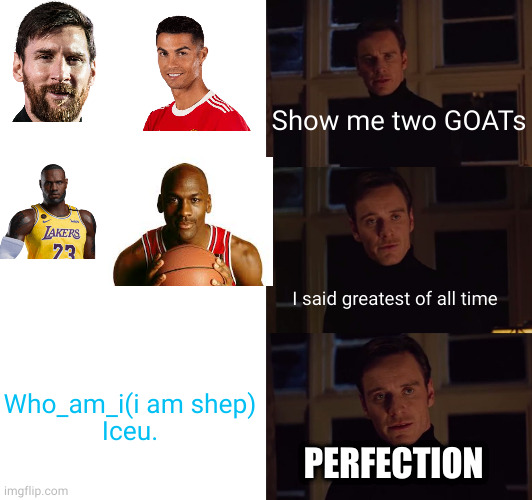 kings of imgflip |  Show me two GOATs; I said greatest of all time; Who_am_i(i am shep)
Iceu. PERFECTION | image tagged in perfection,who am i,iceu | made w/ Imgflip meme maker