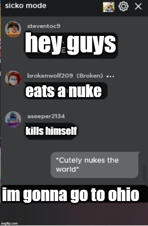 Normal Roblox Chat | hey guys; eats a nuke; kills himself; im gonna go to ohio | image tagged in normal roblox chat | made w/ Imgflip meme maker