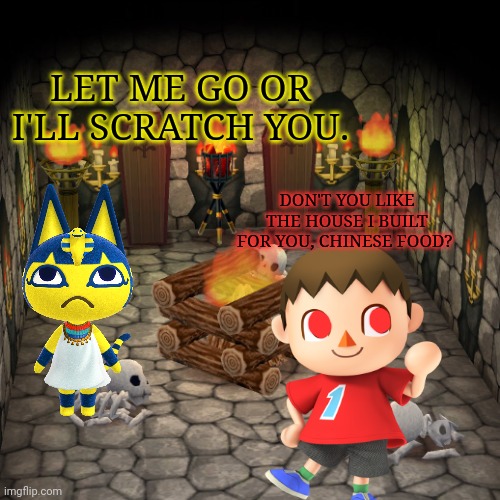 The cursed mayor captures Ankha | LET ME GO OR I'LL SCRATCH YOU. DON'T YOU LIKE THE HOUSE I BUILT FOR YOU, CHINESE FOOD? | image tagged in animal crossing basement,ankha,animal crossing,cursed,mayor | made w/ Imgflip meme maker