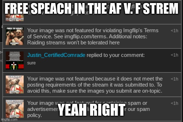 FREE SPEACH IN THE AF V. F STREM; YEAH RIGHT | made w/ Imgflip meme maker