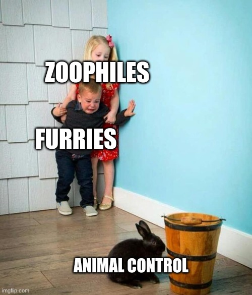Children scared of rabbit | ZOOPHILES; FURRIES; ANIMAL CONTROL | image tagged in children scared of rabbit | made w/ Imgflip meme maker