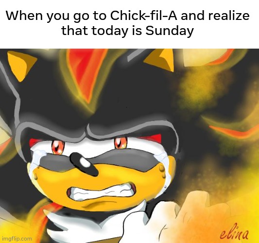 Wheres my Deluxe? | When you go to Chick-fil-A and realize
that today is Sunday | image tagged in shadow the hedgehog crying | made w/ Imgflip meme maker