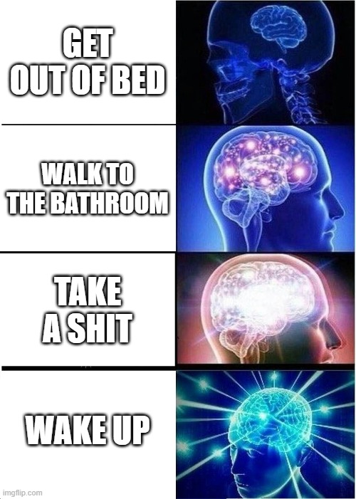 IT WAS ALL A DREAM NOOOOOOOOOOOO | GET OUT OF BED; WALK TO THE BATHROOM; TAKE A SHIT; WAKE UP | image tagged in memes,expanding brain,dream,poop | made w/ Imgflip meme maker