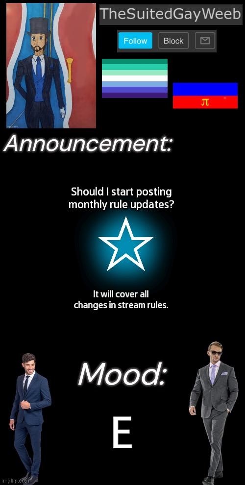 This Would Start February | Should I start posting monthly rule updates? It will cover all changes in stream rules. E | image tagged in thesuitedgayweeb s announcement temp | made w/ Imgflip meme maker