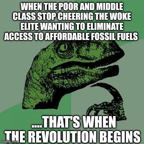 T-minus 10...9...8 | WHEN THE POOR AND MIDDLE CLASS STOP CHEERING THE WOKE ELITE WANTING TO ELIMINATE ACCESS TO AFFORDABLE FOSSIL FUELS; ....THAT'S WHEN THE REVOLUTION BEGINS | image tagged in memes,philosoraptor | made w/ Imgflip meme maker