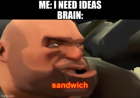 i need ideas | ME: I NEED IDEAS
BRAIN: | image tagged in heavy sandwich | made w/ Imgflip meme maker