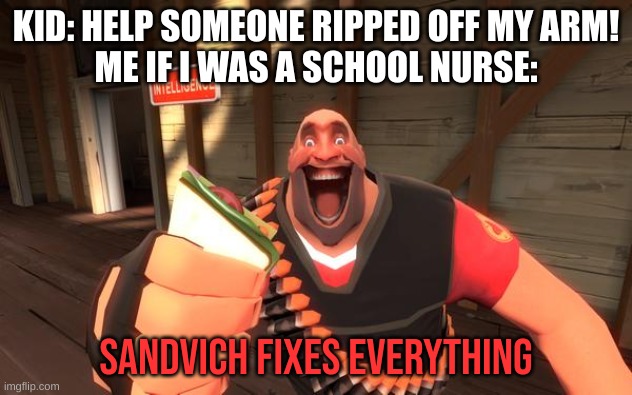 i am obssessed with sandwich | KID: HELP SOMEONE RIPPED OFF MY ARM!
ME IF I WAS A SCHOOL NURSE:; SANDVICH FIXES EVERYTHING | image tagged in sandvich fixes everything | made w/ Imgflip meme maker