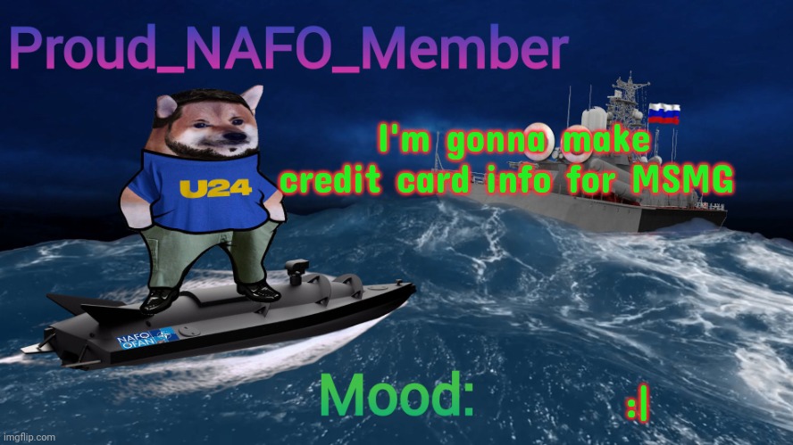 Proud_NAFO_Member annoucment template | I'm gonna make credit card info for MSMG; :| | image tagged in proud_nafo_member annoucment template | made w/ Imgflip meme maker
