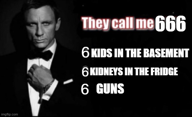 They call me 007 | 666; 6; KIDS IN THE BASEMENT; KIDNEYS IN THE FRIDGE; 6; 6; GUNS | image tagged in they call me 007 | made w/ Imgflip meme maker