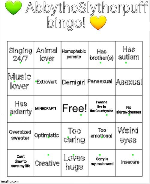 AbbytheSlytherpuff Bingo! | image tagged in abbytheslytherpuff bingo | made w/ Imgflip meme maker