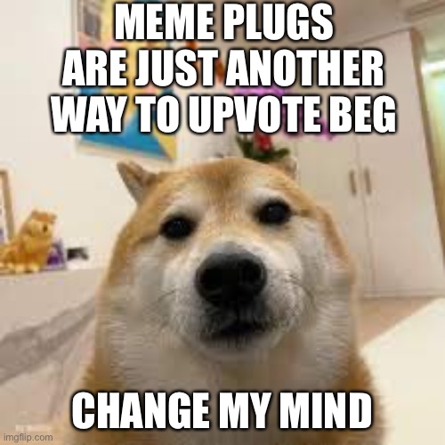 Cheems | MEME PLUGS ARE JUST ANOTHER WAY TO UPVOTE BEG; CHANGE MY MIND | image tagged in cheems | made w/ Imgflip meme maker