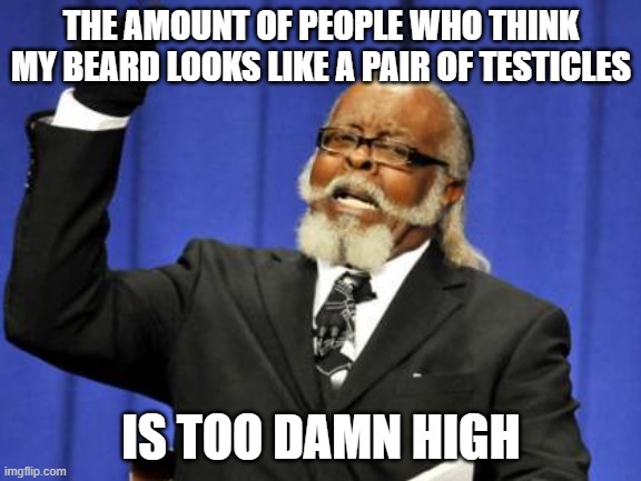 Dude is some kinda human mutation. | THE AMOUNT OF PEOPLE WHO THINK MY BEARD LOOKS LIKE A PAIR OF TESTICLES; IS TOO DAMN HIGH | image tagged in memes,too damn high,balls,funny,oh wow are you actually reading these tags,bruh | made w/ Imgflip meme maker