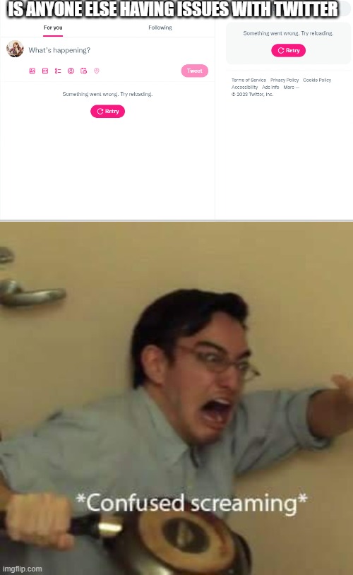 IS ANYONE ELSE HAVING ISSUES WITH TWITTER | image tagged in filthy frank confused scream,twitter,why | made w/ Imgflip meme maker