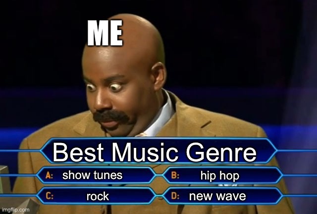 who can’t decide the best music | ME; Best Music Genre; show tunes; hip hop; new wave; rock | image tagged in who wants to be a millionaire,music,rock,favorite | made w/ Imgflip meme maker