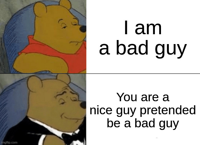 nice guy | I am a bad guy; You are a nice guy pretended be a bad guy | image tagged in memes,tuxedo winnie the pooh | made w/ Imgflip meme maker