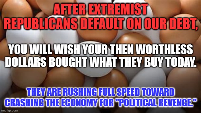The Gaetz/McCarthy GOP will bring us all Plenty. Plenty of Nothing. | AFTER EXTREMIST REPUBLICANS DEFAULT ON OUR DEBT, YOU WILL WISH YOUR THEN WORTHLESS DOLLARS BOUGHT WHAT THEY BUY TODAY. THEY ARE RUSHING FULL SPEED TOWARD CRASHING THE ECONOMY FOR "POLITICAL REVENGE." | image tagged in politics | made w/ Imgflip meme maker
