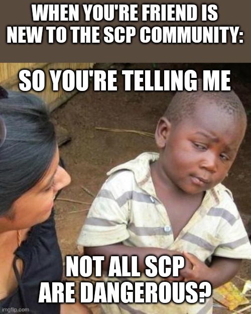 What is the first example you give them? | WHEN YOU'RE FRIEND IS NEW TO THE SCP COMMUNITY:; SO YOU'RE TELLING ME; NOT ALL SCP ARE DANGEROUS? | image tagged in so you're telling me,scp | made w/ Imgflip meme maker
