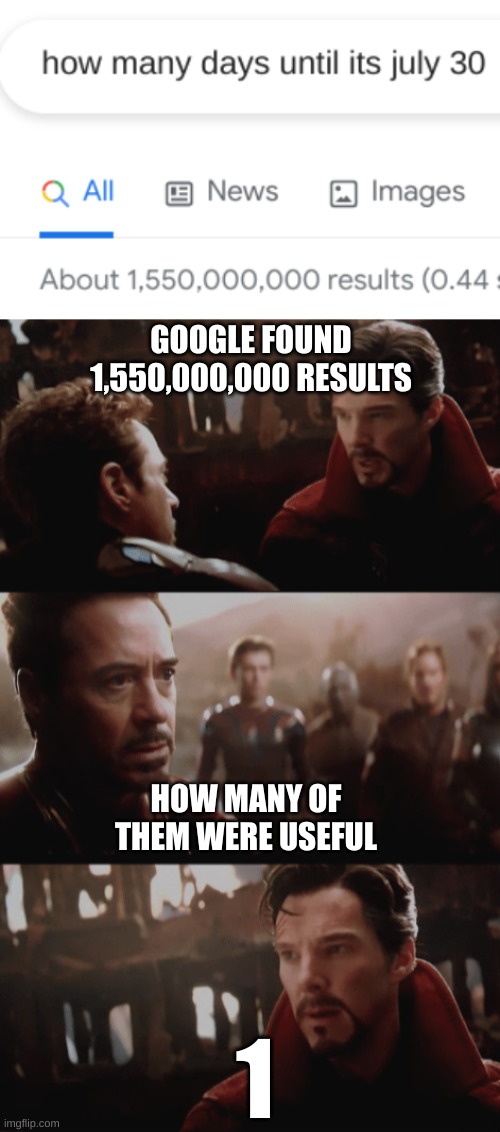 Googles usefulness meme | GOOGLE FOUND 1,550,000,000 RESULTS; HOW MANY OF THEM WERE USEFUL; 1 | image tagged in i saw 14 000 605 futures | made w/ Imgflip meme maker