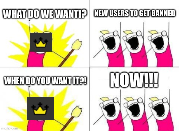 real | WHAT DO WE WANT!? NEW USERS TO GET BANNED; NOW!!! WHEN DO YOU WANT IT?! | image tagged in memes,what do we want,new user,banned | made w/ Imgflip meme maker