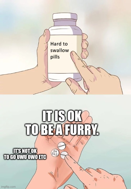 this is for ppl who think otherwise | IT IS OK TO BE A FURRY. IT'S NOT OK TO GO UWU OWO ETC | image tagged in memes,hard to swallow pills | made w/ Imgflip meme maker