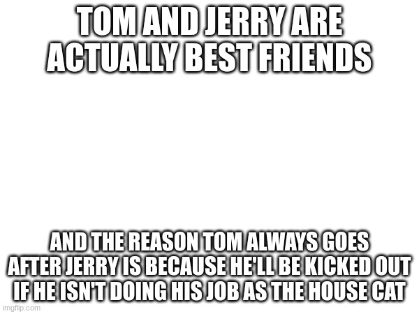 TOM AND JERRY ARE ACTUALLY BEST FRIENDS; AND THE REASON TOM ALWAYS GOES AFTER JERRY IS BECAUSE HE'LL BE KICKED OUT IF HE ISN'T DOING HIS JOB AS THE HOUSE CAT | made w/ Imgflip meme maker